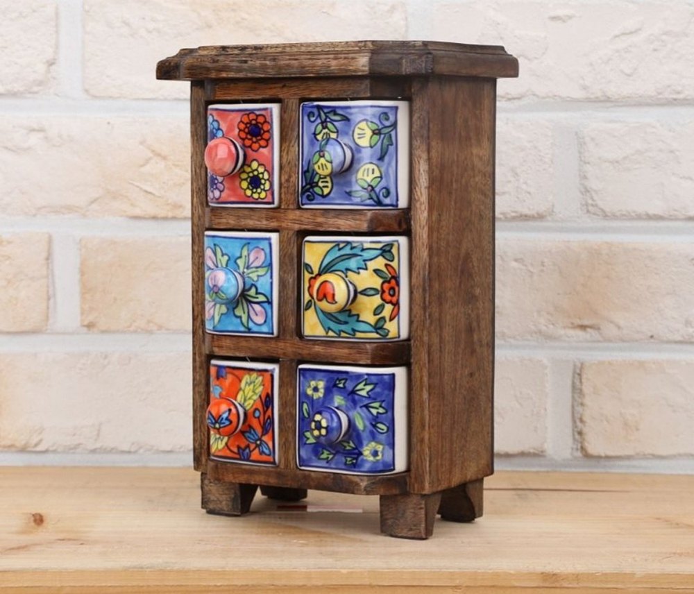 Handmade Wooden and Ceramic 6 Drawers Set of Multi-color Storage Box - Size (WxH): 13 x 13 Inch