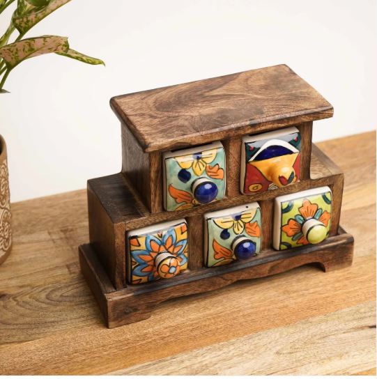 Handmade Wooden and Ceramic 5  Drawers Set of Multi-color Storage Box - Size (WxH): 13 x 13 Inch
